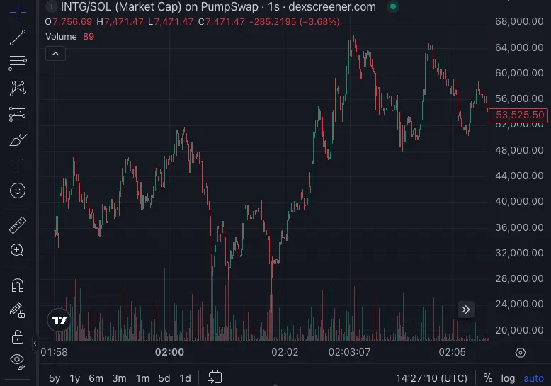 DEX Screener 5-minute candle chart for $INTG covering the detection window